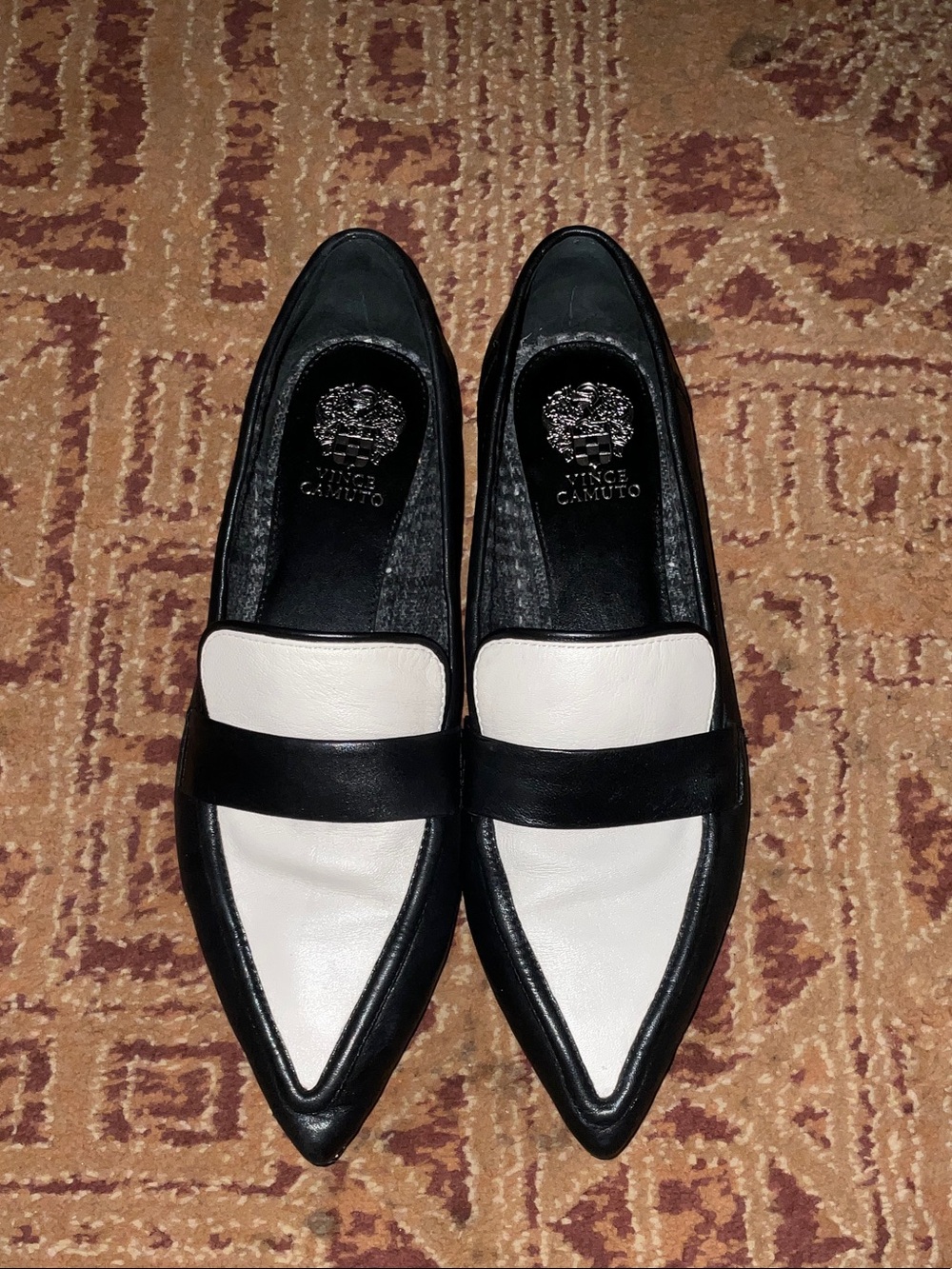 Vince Camuto Black & White Pointed Leather Loafers